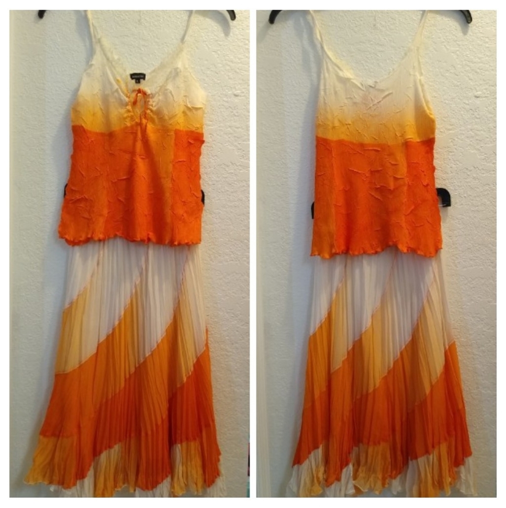 Komarov Orange Yellow Ombre Pleated Skirt Set